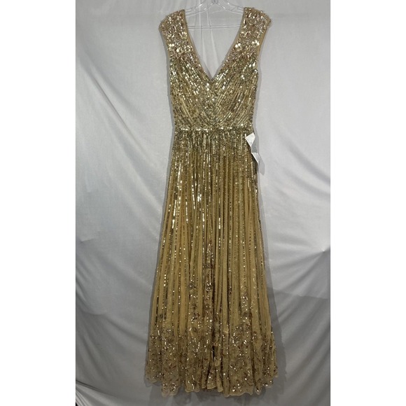 NWT Mac Duggal [ 4 ] 5223 Sequin & Floral Embellished A Line Gown in Gold #S2035 - Picture 2 of 14